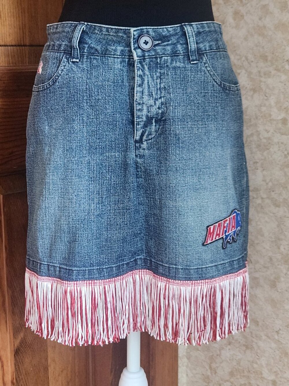Buffalo Bills Jean Denim Western Skirt Fringe Mafia Women's size 6 Upcycled OOAK